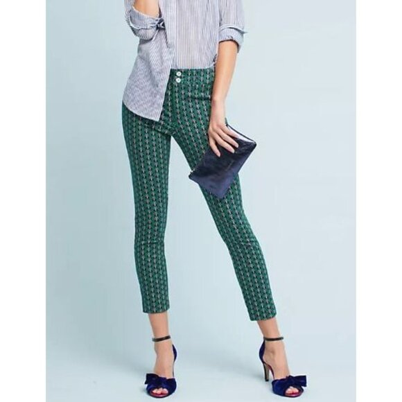 Anthropologie‎ The Essential Slim Trousers Green Butterfly Ankle Women’s Size 4 - Picture 1 of 11